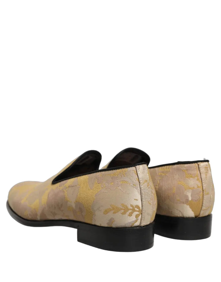Dolce &amp; Gabbana Gold Floral Print Jacquard Men Loafers Shoes