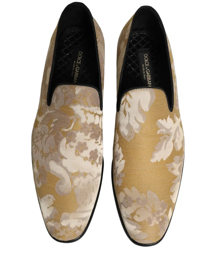 Dolce &amp; Gabbana Gold Floral Print Jacquard Men Loafers Shoes