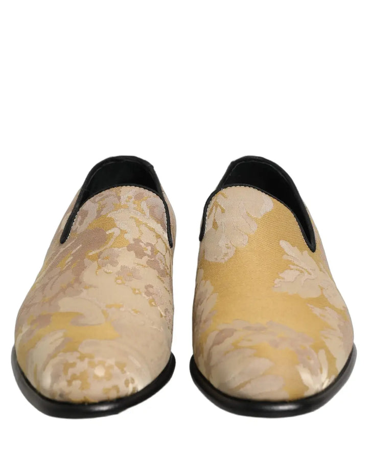 Dolce &amp; Gabbana Gold Floral Print Jacquard Men Loafers Shoes