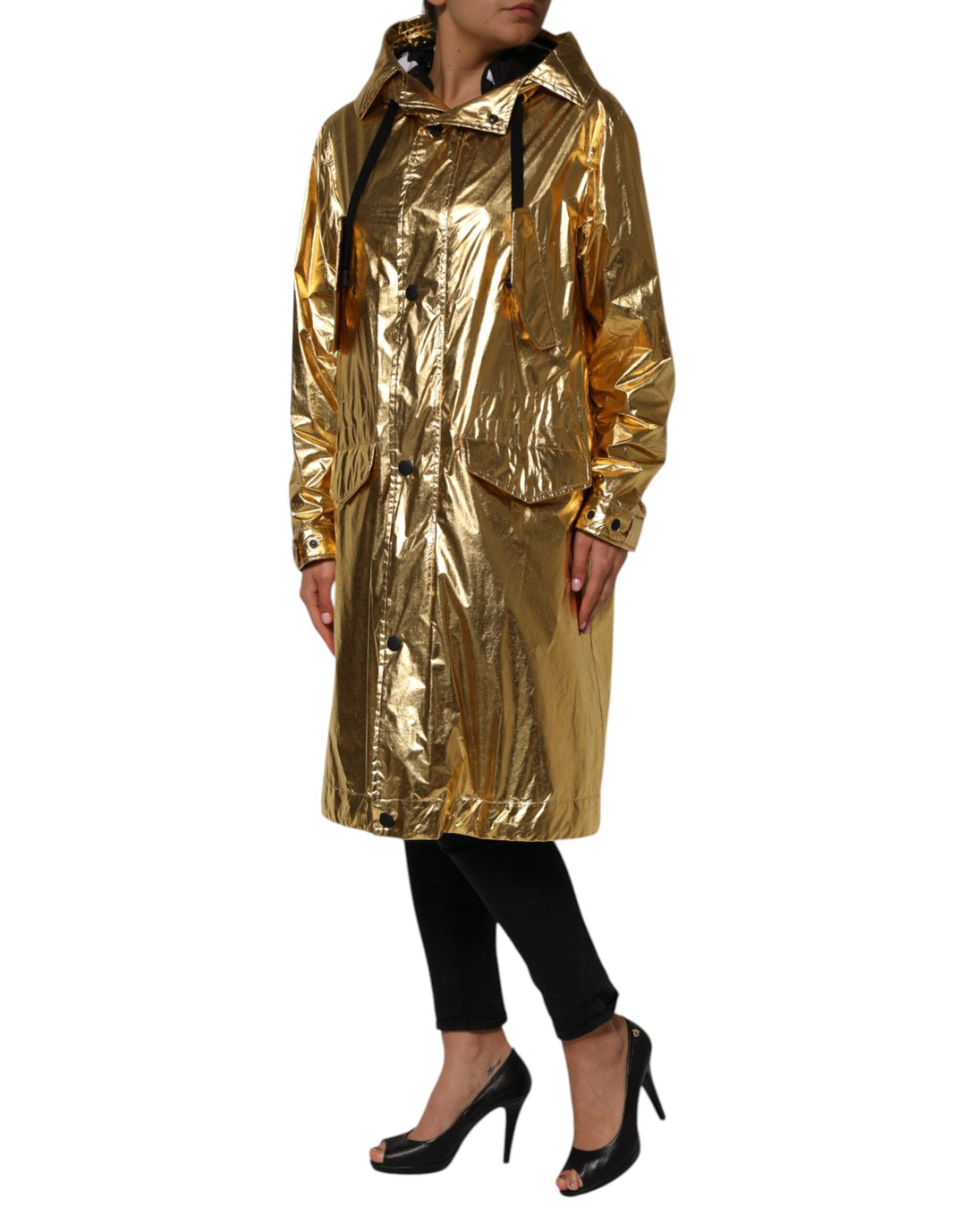 Dolce &amp; Gabbana Trench Coats - Gold Hooded Long Sleeves Coat Jacket