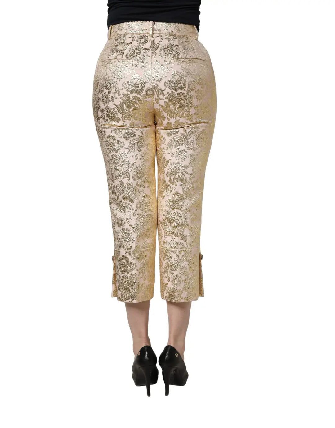 Dolce &amp; Gabbana Gold Jacquard Floral Lamé Crop Trouser Pants