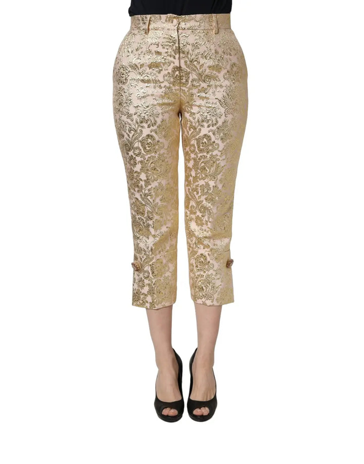 Dolce &amp; Gabbana Gold Jacquard Floral Lamé Crop Trouser Pants