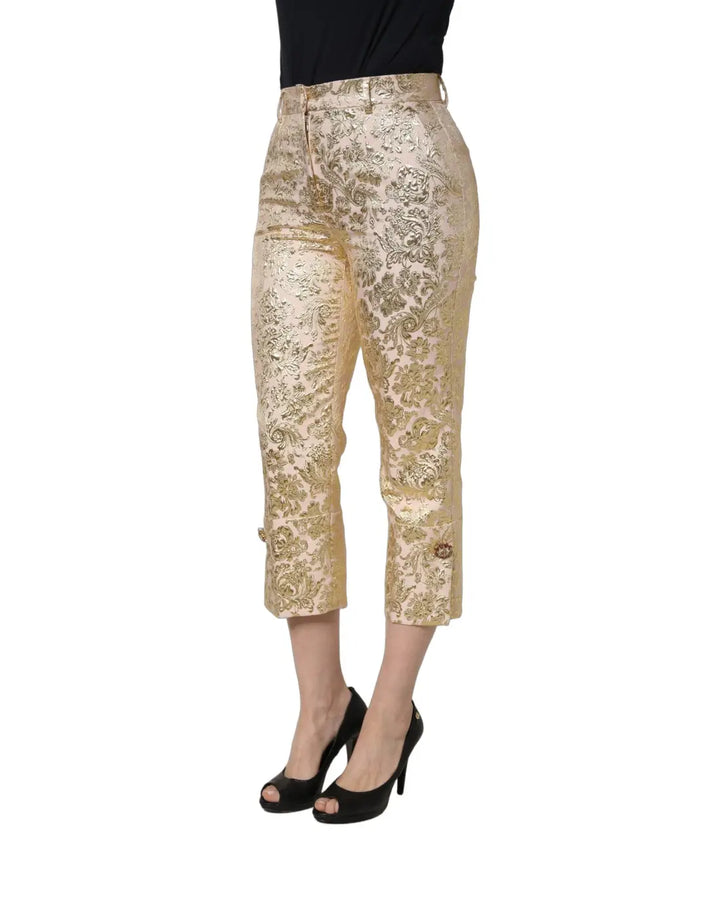 Dolce &amp; Gabbana Gold Jacquard Floral Lamé Crop Trouser Pants