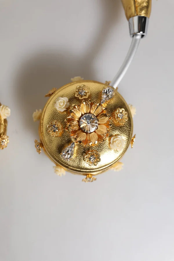 Dolce &amp; Gabbana Gold Leather Floral Crystal Angel Headset Headphones