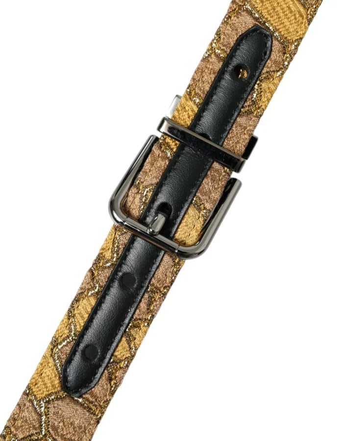 Dolce &amp; Gabbana Gold Leather Jacquard Silver Metal Buckle Belt
