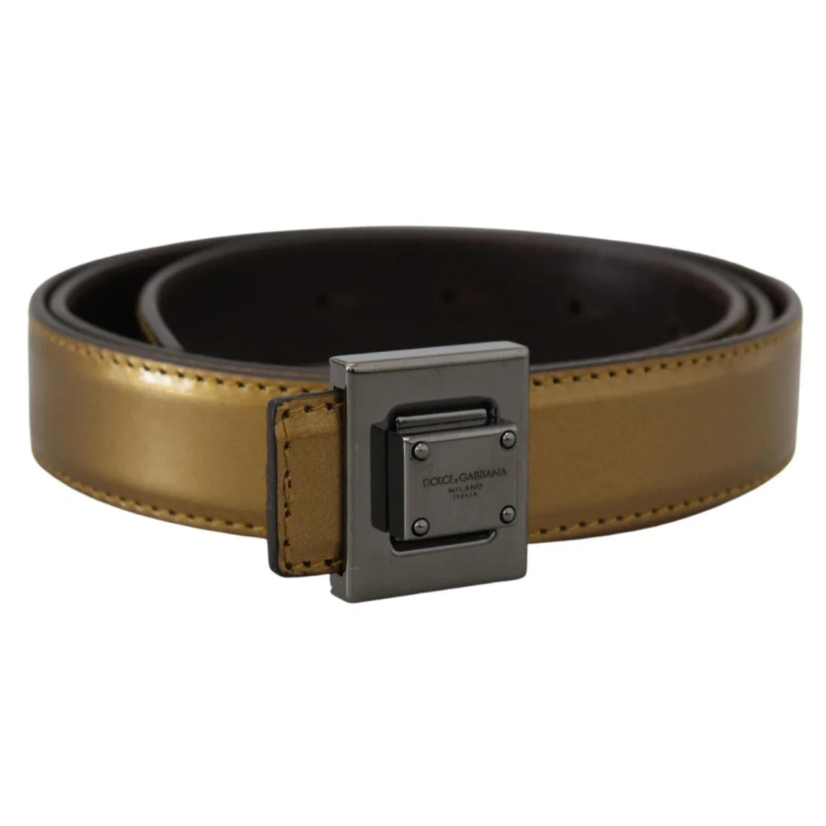 Dolce & Gabbana Gold Leather Silver Square Metal Buckle Belt