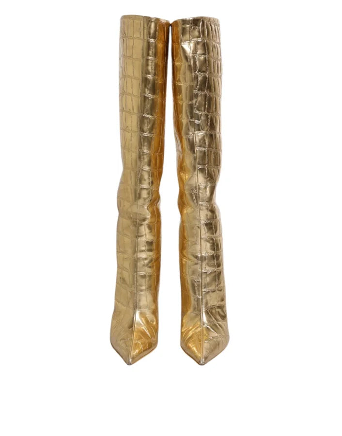 Dolce & Gabbana Gold Leather Stiletto Heels High Boots Shoes