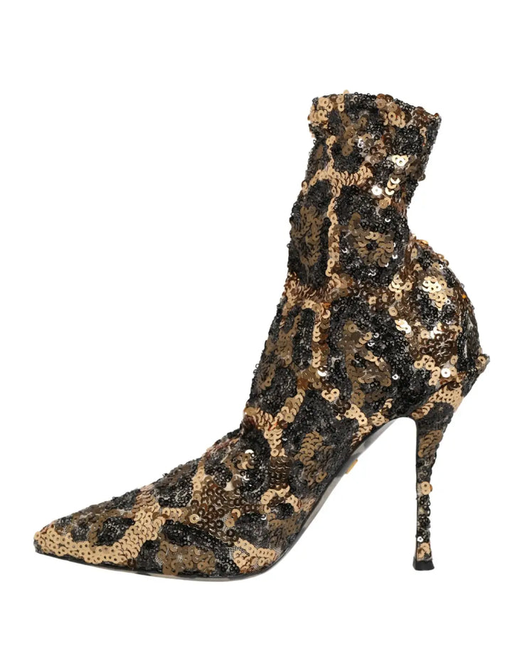 Dolce &amp; Gabbana Gold Leopard Sequin Sock Ankle Boots Shoes