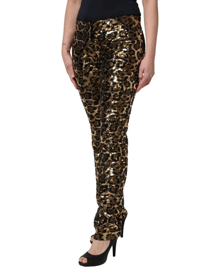 Dolce &amp; Gabbana Gold Leopard Sequined Straight Trouser Pants