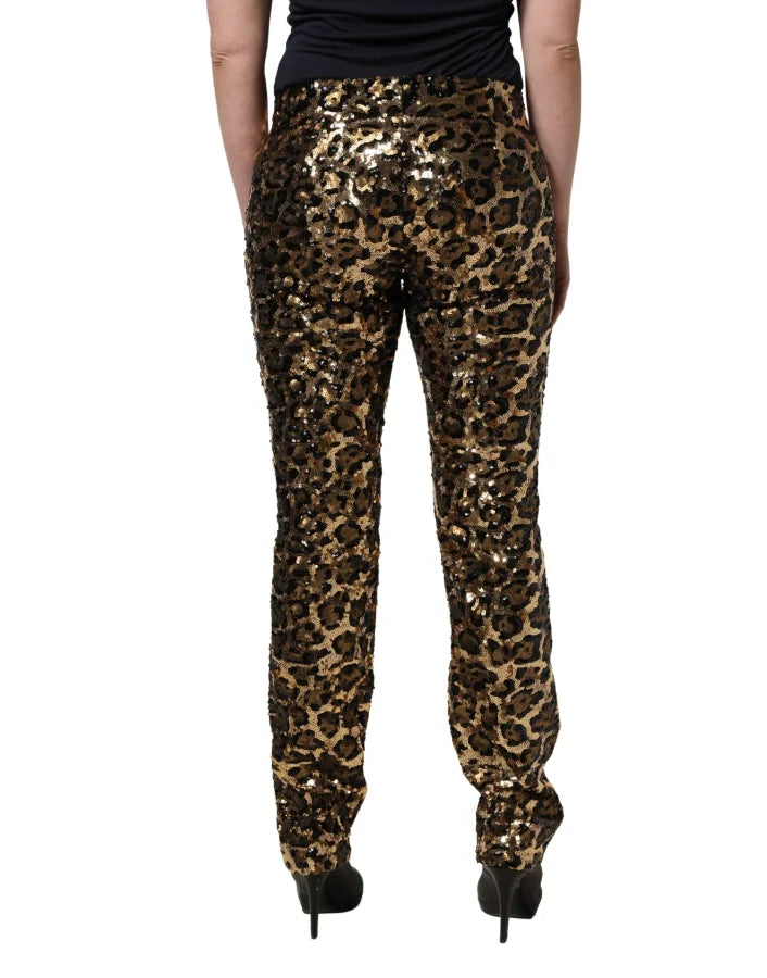 Dolce &amp; Gabbana Gold Leopard Sequined Straight Trouser Pants