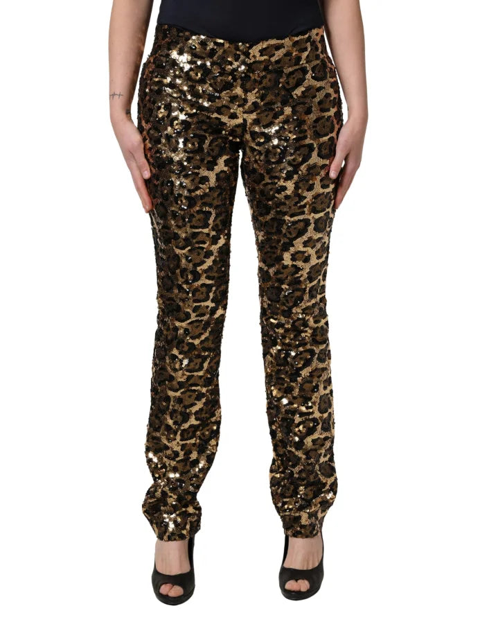Dolce &amp; Gabbana Gold Leopard Sequined Straight Trouser Pants