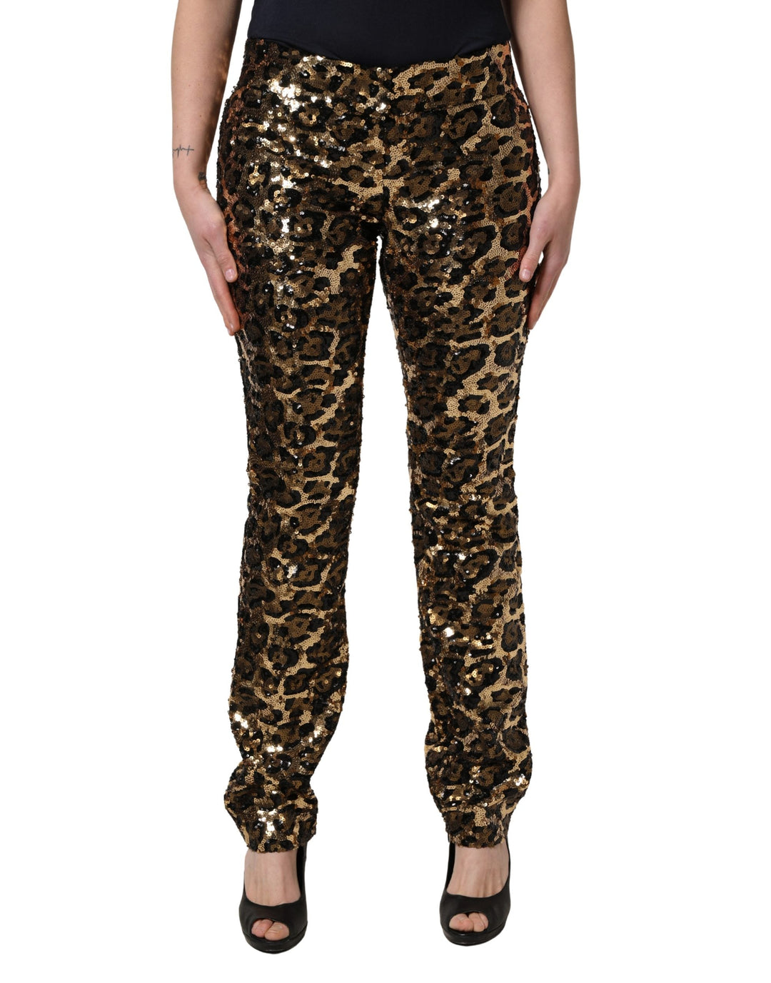 Dolce &amp; Gabbana Gold Leopard Sequined Straight Trouser Pants