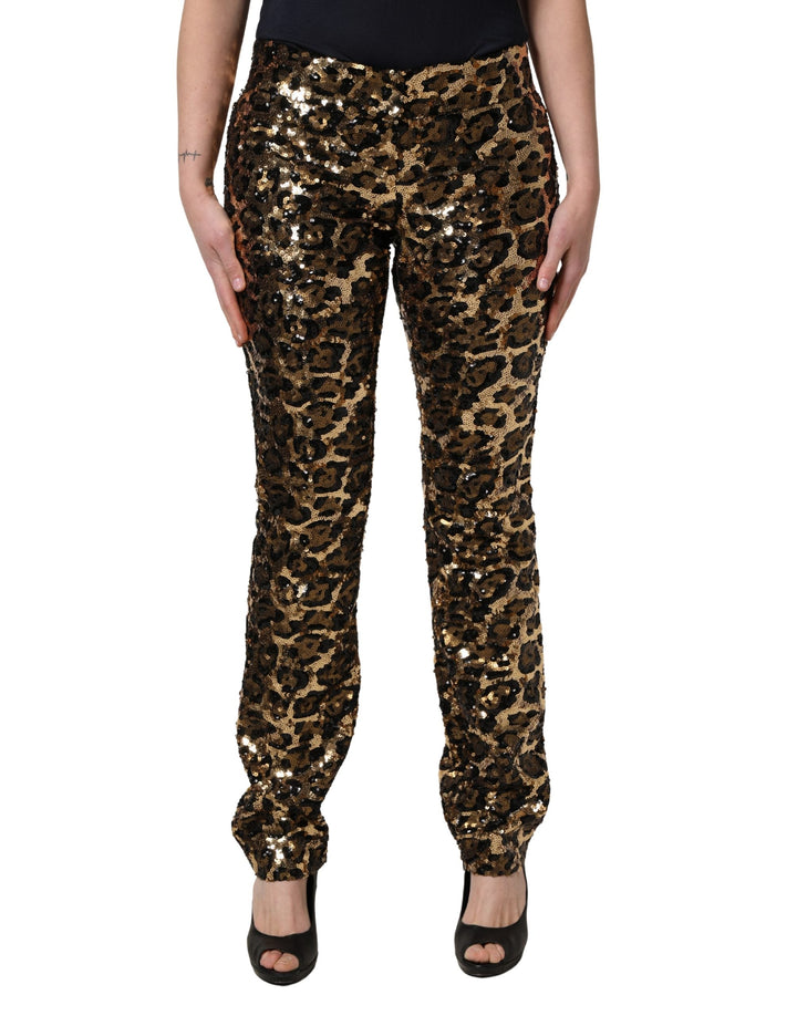 Dolce &amp; Gabbana Gold Leopard Sequined Straight Trouser Pants