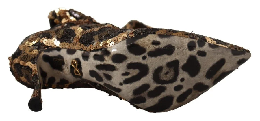 Dolce &amp; Gabbana Gold Leopard Sequins Heels Boots Shoes