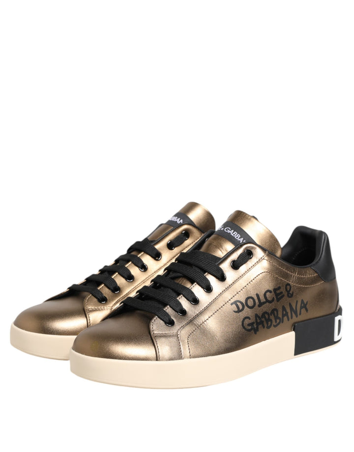 Dolce &amp; Gabbana Gold Portofino Calf Leather Sneakers Shoes