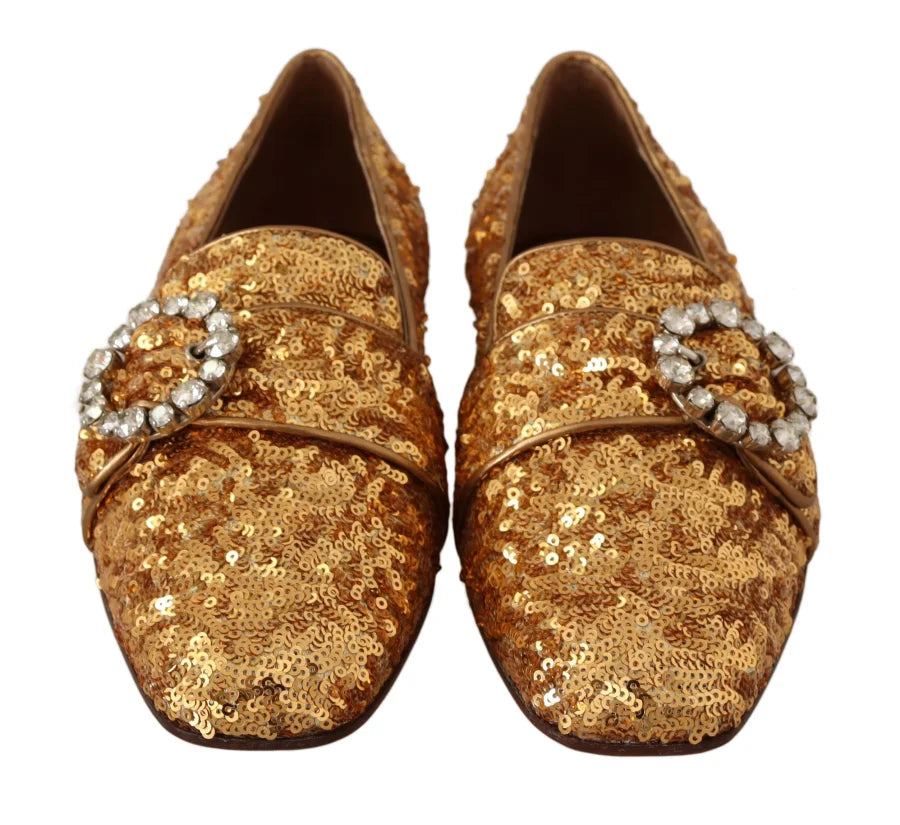 Dolce &amp; Gabbana Gold Sequin Crystal Flat Women Loafers Shoes