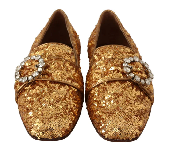 Dolce &amp; Gabbana Gold Sequin Crystal Flat Women Loafers Shoes