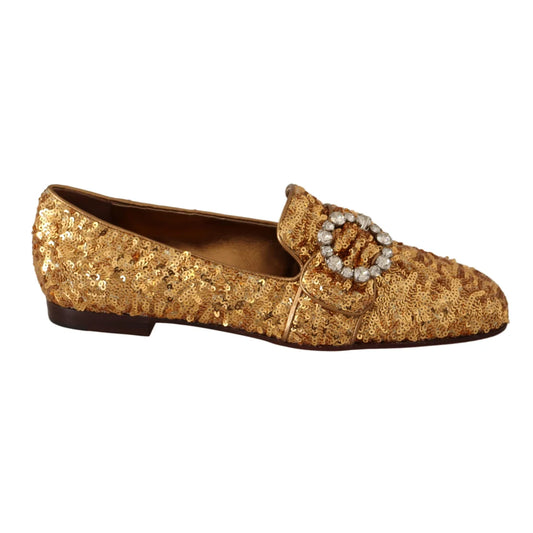 Dolce & Gabbana Gold Sequin Flats with Stitched Logo Gems