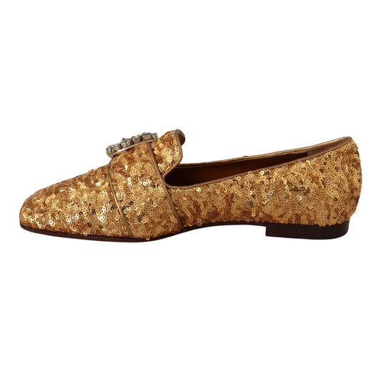 Dolce & Gabbana Gold Sequin Flats with Stitched Logo Gems
