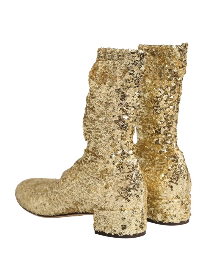 Dolce & Gabbana Gold Sequined Short Boots Stretch Shoes