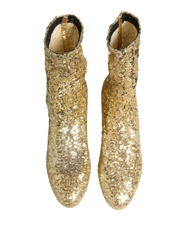 Dolce & Gabbana Gold Sequined Short Boots Stretch Shoes