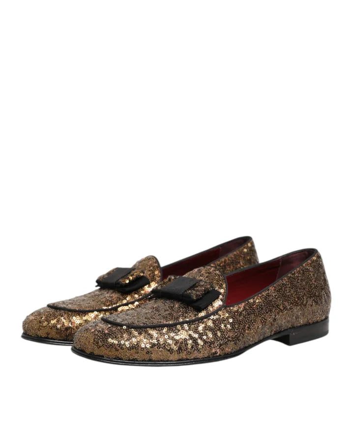 Dolce &amp; Gabbana Gold Sequined Slip On Loafers Men Dress Shoes