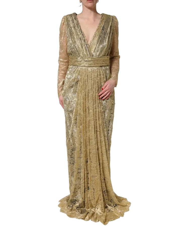 Dolce &amp; Gabbana Gold Sheer Lace Crystal Embellished Dress