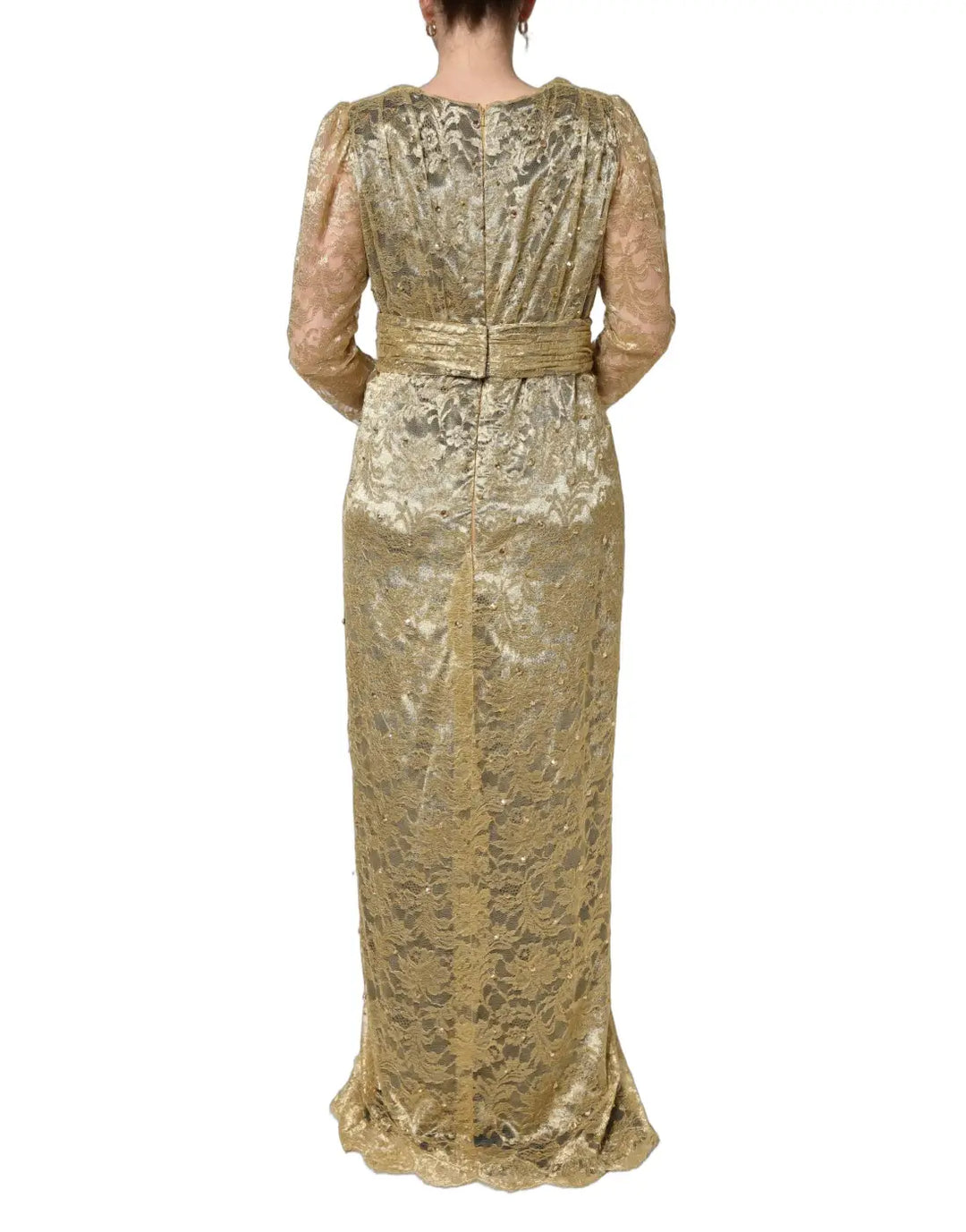 Dolce &amp; Gabbana Gold Sheer Lace Crystal Embellished Dress
