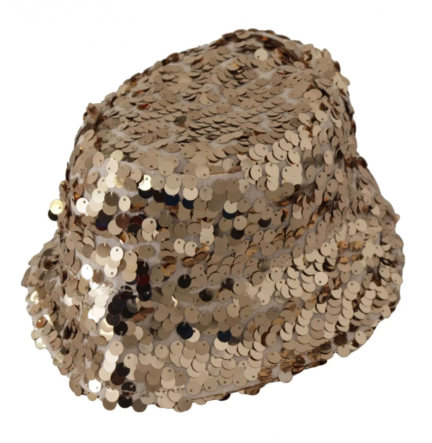 Dolce &amp; Gabbana Gold Silk Sequin Embellished Designer Brim Bucket Hat