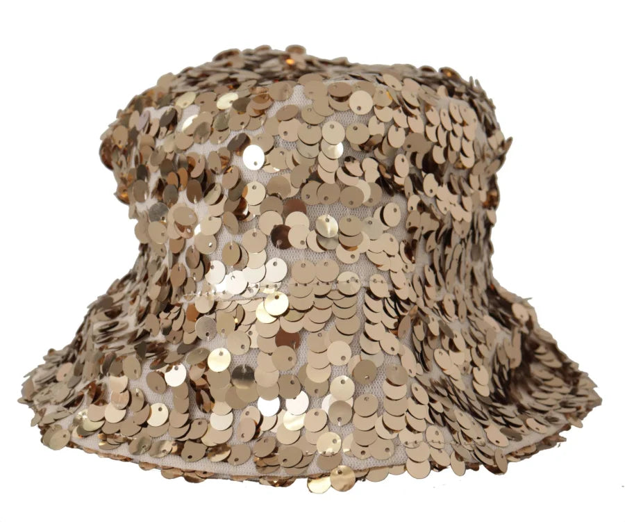Dolce &amp; Gabbana Gold Silk Sequin Embellished Designer Brim Bucket Hat