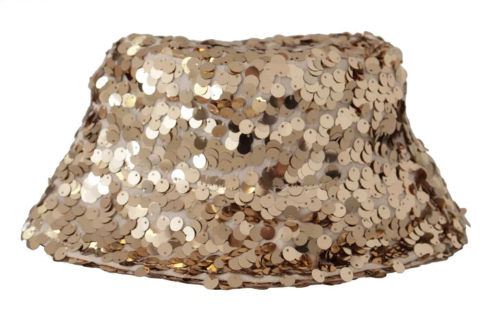 Dolce &amp; Gabbana Gold Silk Sequin Embellished Designer Brim Bucket Hat