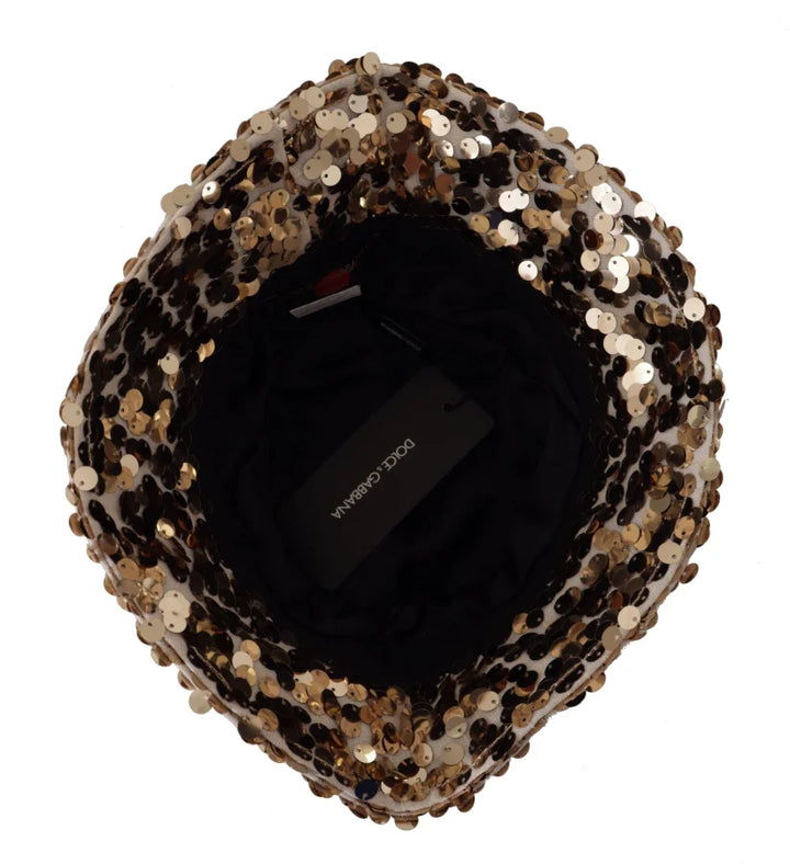 Dolce &amp; Gabbana Gold Silk Sequin Embellished Designer Brim Bucket Hat