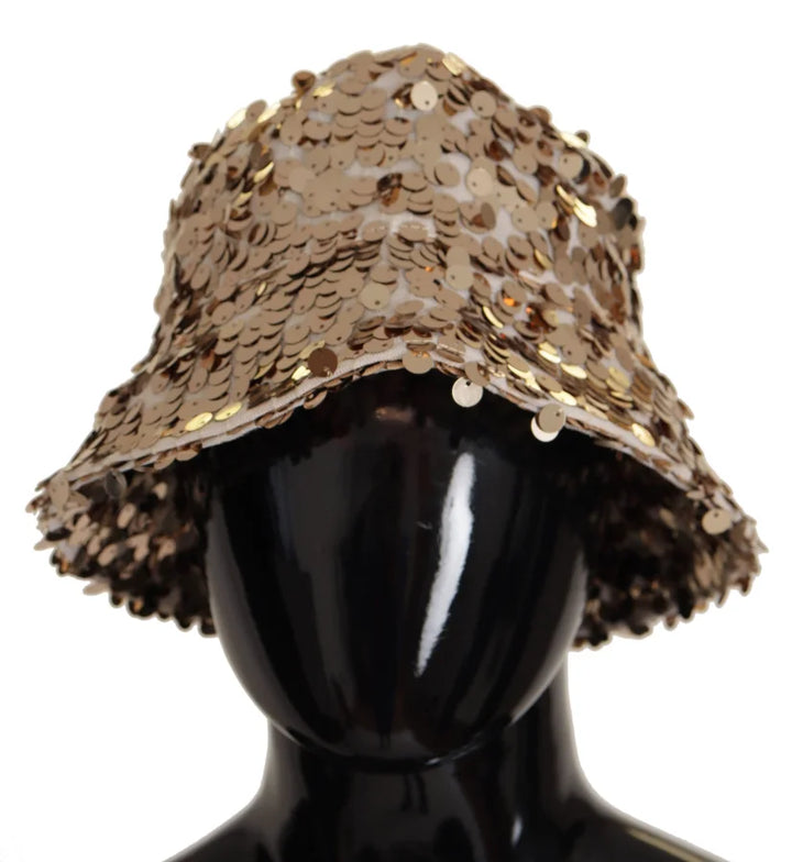 Dolce &amp; Gabbana Gold Silk Sequin Embellished Designer Brim Bucket Hat