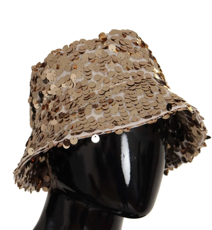 Dolce &amp; Gabbana Gold Silk Sequin Embellished Designer Brim Bucket Hat