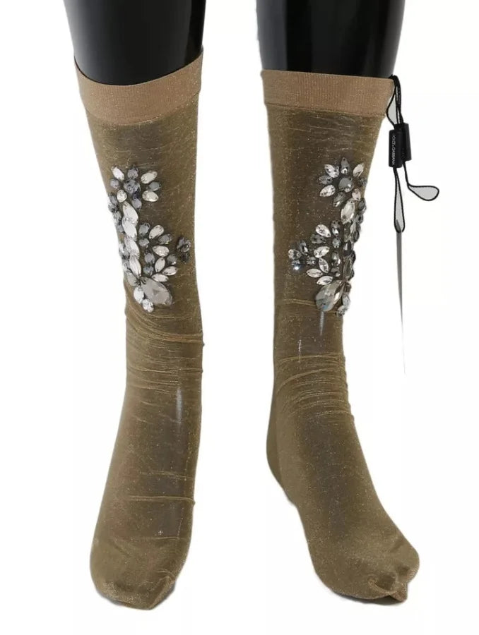 Dolce &amp; Gabbana Gold Stretch Floral Clear Crystal Stocking Socks