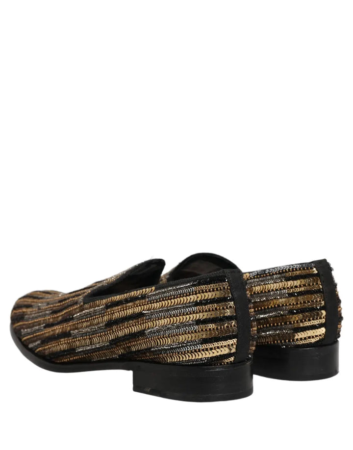 Dolce &amp; Gabbana Gold Striped Sequin Embellished Loafer Shoes