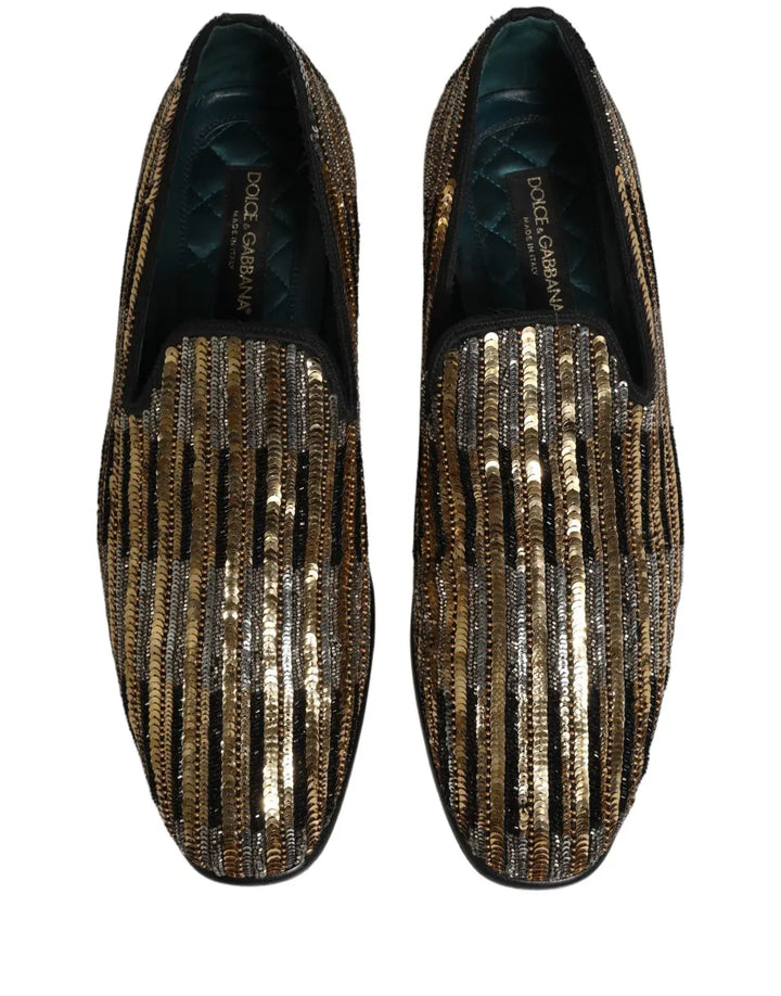 Dolce &amp; Gabbana Gold Striped Sequin Embellished Loafer Shoes