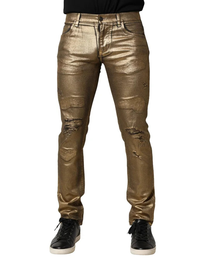 Dolce &amp; Gabbana Gold Tattered Cotton Stretch Slim Denim Jeans