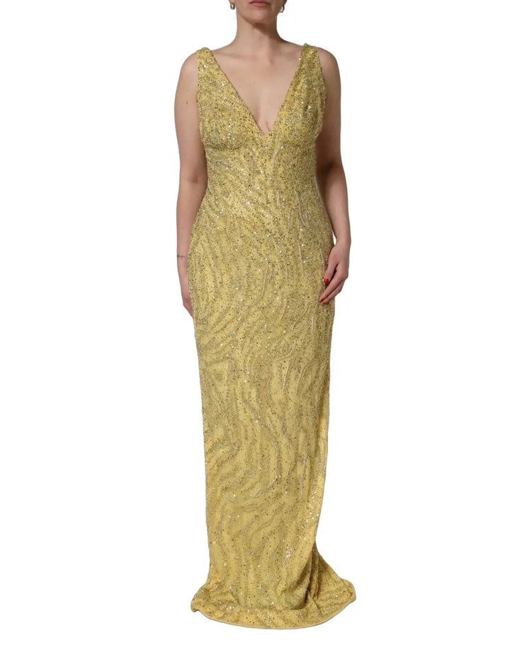 Dolce &amp; Gabbana Gold V-neckline Mermaid Sequinned Gown Dress