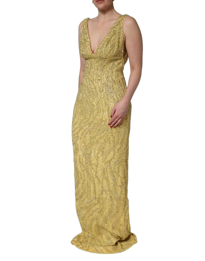 Dolce &amp; Gabbana Gold V-neckline Mermaid Sequinned Gown Dress