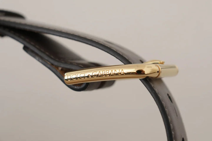Dolce &amp; Gabbana Gray Calfskin Leather Gold Metal Logo Buckle Belt
