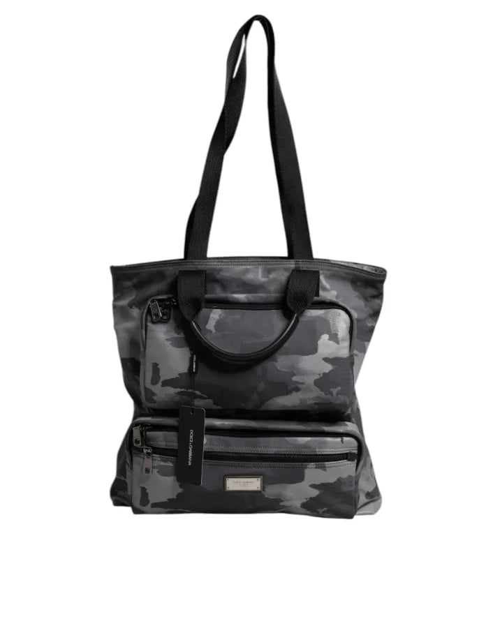 Dolce &amp; Gabbana Gray Camo Cotton Multiple Compartments Tote Bag