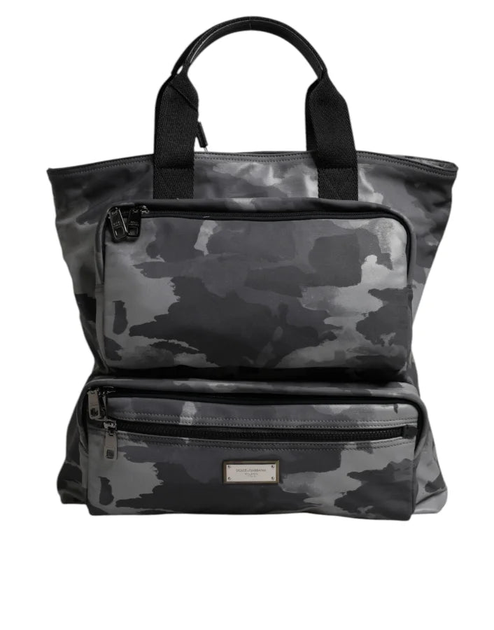 Dolce &amp; Gabbana Gray Camo Cotton Multiple Compartments Tote Bag