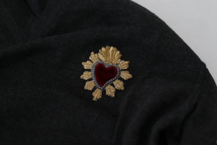 Dolce &amp; Gabbana Gray Cashmere V-neck Gold Heart Sweater
