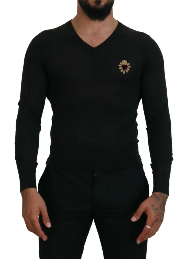 Dolce &amp; Gabbana Gray Cashmere V-neck Gold Heart Sweater