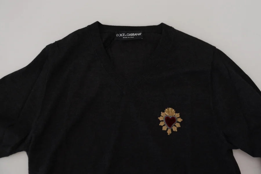 Dolce &amp; Gabbana Gray Cashmere V-neck Gold Heart Sweater