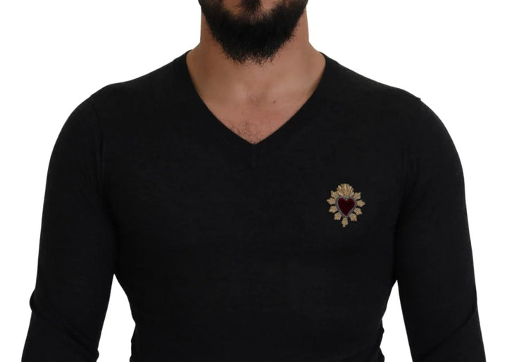 Dolce &amp; Gabbana Gray Cashmere V-neck Gold Heart Sweater