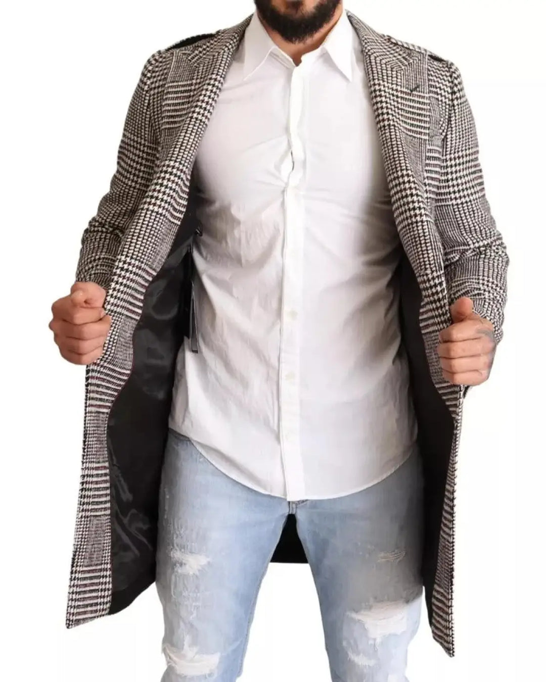 Dolce &amp; Gabbana Gray Check Plaid Long Trench Coat Jacket