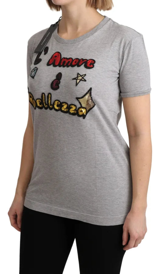 Dolce &amp; Gabbana Gray Cotton Amore e Bellezza Top T-shirt