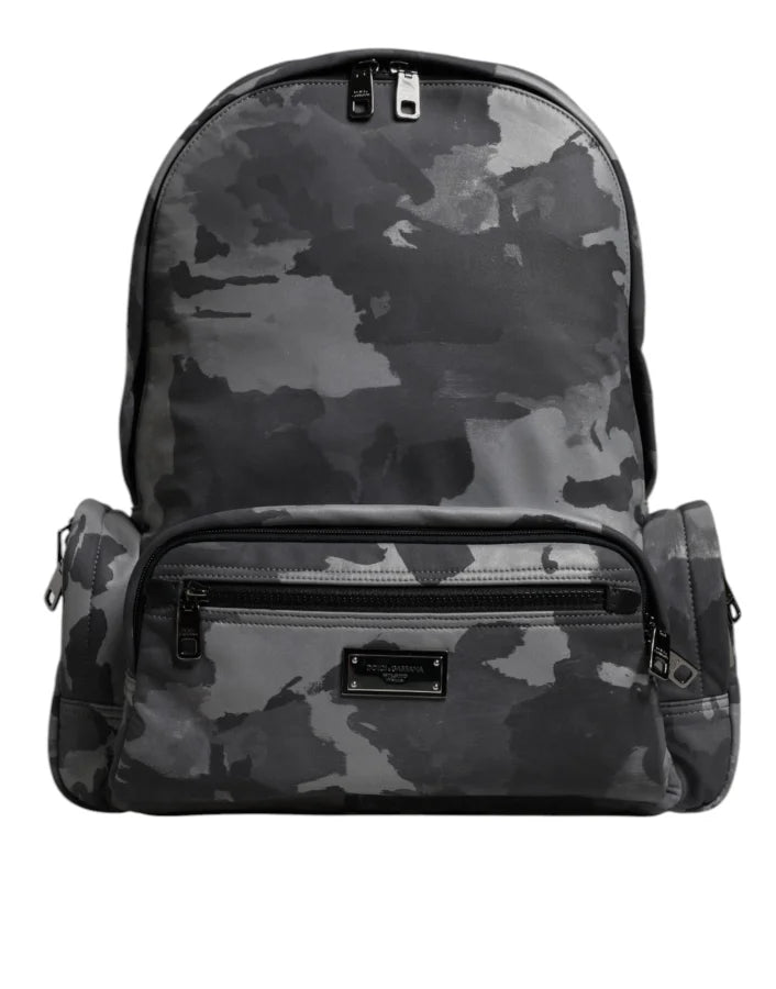 Dolce &amp; Gabbana Gray Cotton Camouflage Logo Plaque Backpack Bag